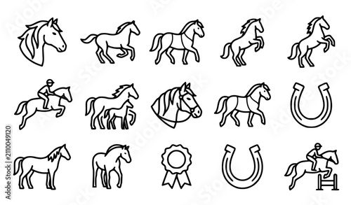Foto Generic majestic horses and ponies vector icon set with simple bold line art cla