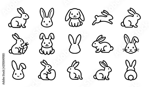 Generic fluffy rabbits and bunnies vector icon set with simple bold line art classic complete unbranded rabbit bunny Easter carrot cute animal clip art black and white