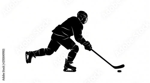 Canvas Print Black Silhouette of an Ice Hockey Player Skating with Stick and Puck