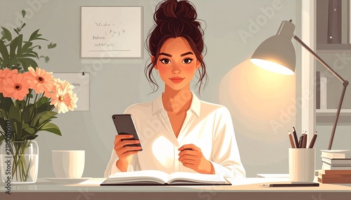 Young woman working at home office desk setup.