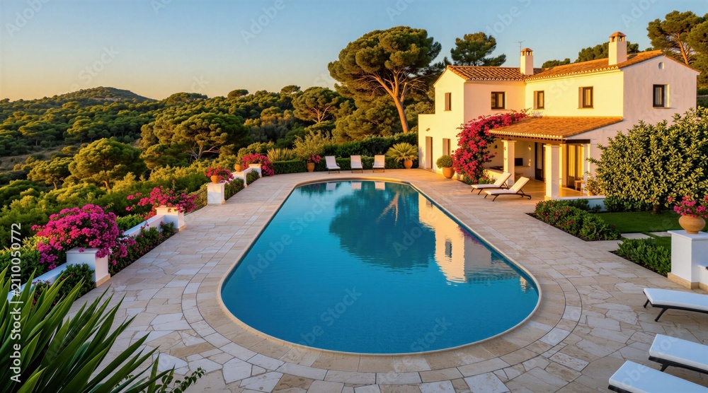 Obraz premium Luxurious villa features private swimming pool, blooming garden at golden hour. Mediterranean house exterior stone patio with sun loungers near green forest landscape. Warm sunset sunlight creates