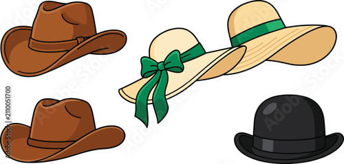 Obraz na płótnie Fashion hat collection with cowboy straw and bowler hats vector