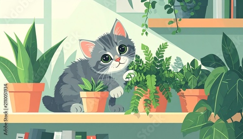 Cute cat sitting among green houseplants indoors.