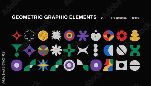 24 Modern Geometric Vector Icons Set for Design Projects. Flat Colorful Abstract Shapes and Symbols for UI, Web, and Print Media.