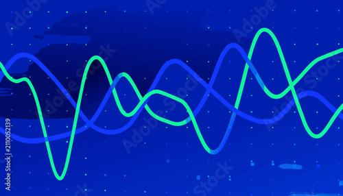 Futuristic neon waveform data pulse on dark digital grid. High-tech glowing sound wave signal for tech and science visuals.