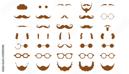 Set of 40 mustache and beard vector icons in various styles. Hand-drawn facial hair illustrations for men's grooming and fashion design.