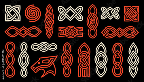 Celtic knot vector icons set for tattoo and jewelry design. Hand-drawn medieval Norse ornament line art symbols in red and white outline.