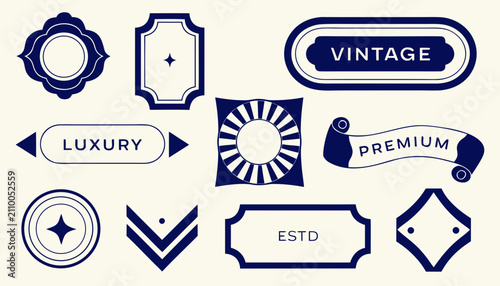 Set of luxury vintage badge frames and retro labels collection. Elegant ornate emblems with premium ribbons and classic design elements for branding.