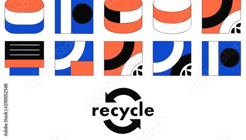 Recycling icon set with universal symbols for sustainability and waste management. Flat design vector illustrations of bins, arrows, and eco-friend...