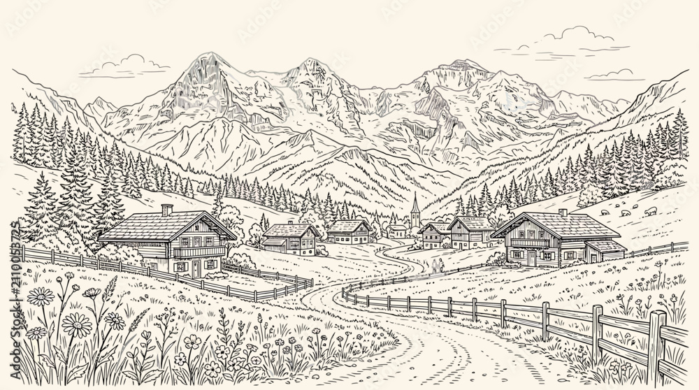 Obraz premium Charming Hand Drawn Illustration of a Picturesque Alpine Village Nestled Amidst Majestic Snow-Capped Mountains and Verdant Valleys