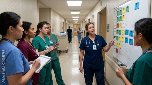 Charge Nurse Briefing the Oncoming Night Shift Team at a Wall-mounted Whiteboard with Magnetic Patient Assignment Cards
