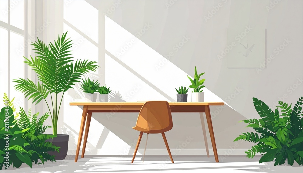Fototapeta premium Modern wooden dining table with potted plants in bright room.