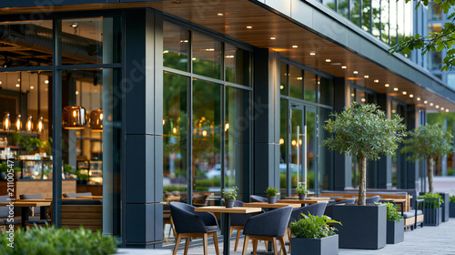 Modern cafe exterior with large glass windows showcasing the interior, contemporary urban architecture, outdoor seating area, with copy space