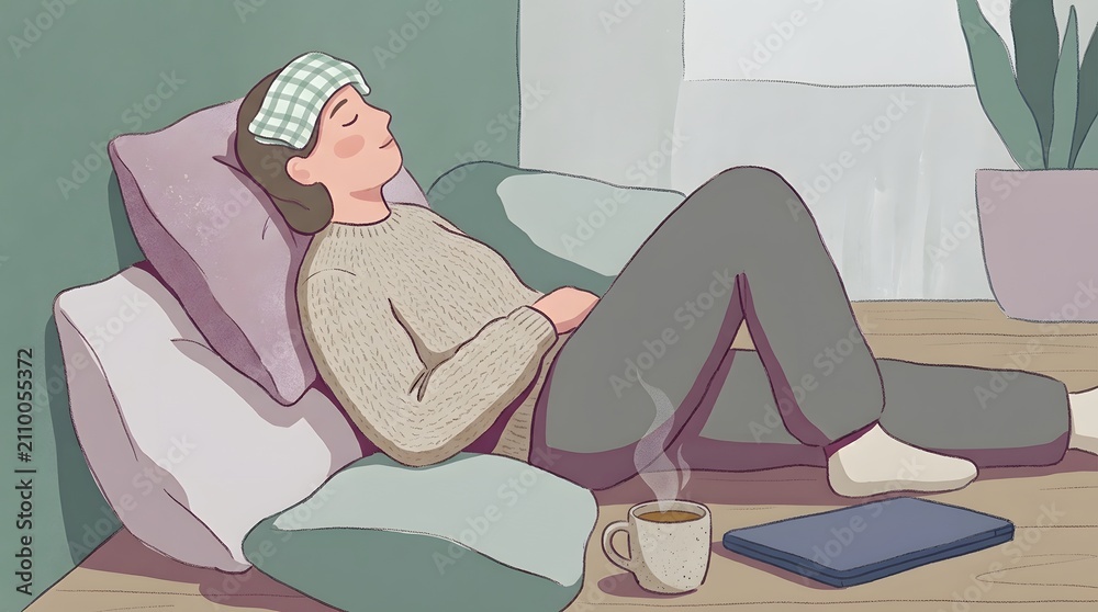 Obraz premium Sick Woman Resting on Floor with Compress on Forehead Hot Tea and Tablet Computer Nearby