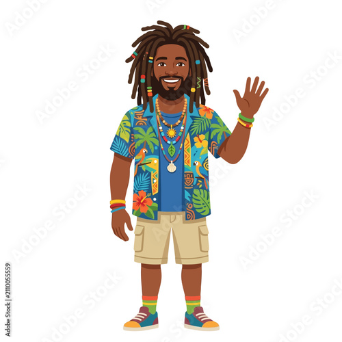 Happy rastafarian man with dreadlocks wearing a Hawaiian shirt and shorts, waving hello