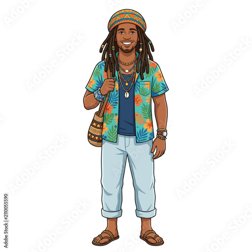 Happy Rastafarian Man with Dreadlocks, Hawaiian Shirt and Summer Style