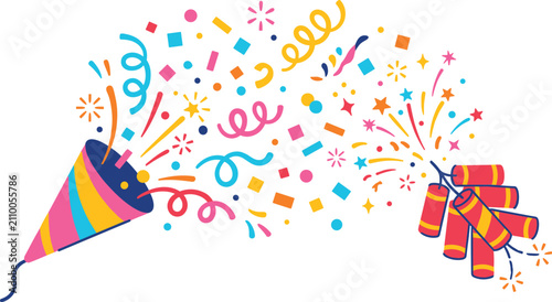 Fotografie Party popper and exploding firecrackers with colorful confetti vector set