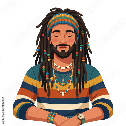 Man with Dreadlocks Meditating, Colorful Stripes, Bohemian Style, Casual Wear