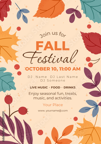 Autumn Festival Poster with Colorful Botanical Leaves Berries and Seasonal Foliage Grain Texture Fall Celebration Invitation Template, Cozy Seasonal Event Flyer, Modern Hand Drawn Vector Illustration
