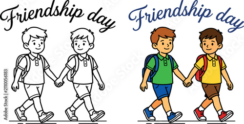 Two happy school boys holding hands for friendship day