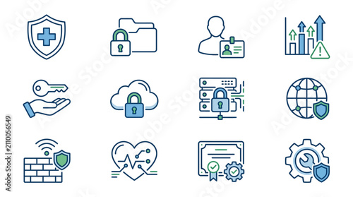Minimalist Line Icons Set Featuring Security Cloud Healthcare and Technology Concepts in Blue and Green