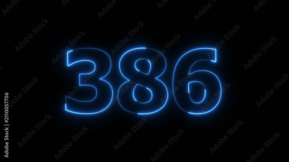 Glowing Blue Neon Number 386 on Black Background.