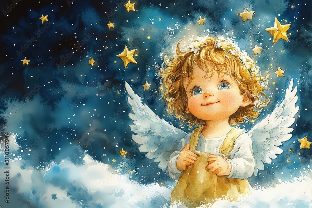 Obraz premium Snowy Little Angel – Watercolor Holiday Character