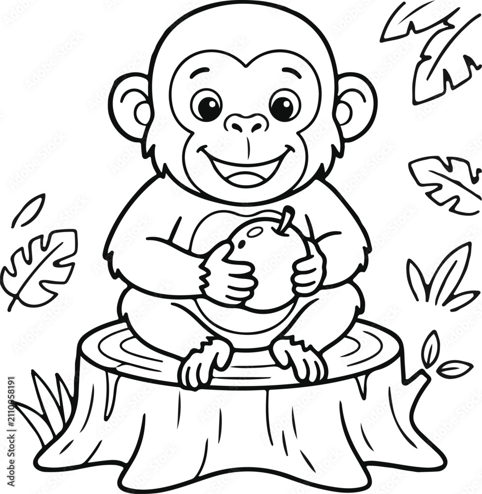 Fototapeta premium Cartoon monkey sitting on a tree stump with a coconut black and white line drawing primate simian tropical