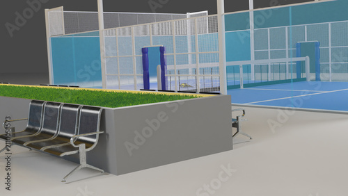 Photos Modern Outdoor Padel Court 3D Render with Blue Playing Surface and Glass Walls
