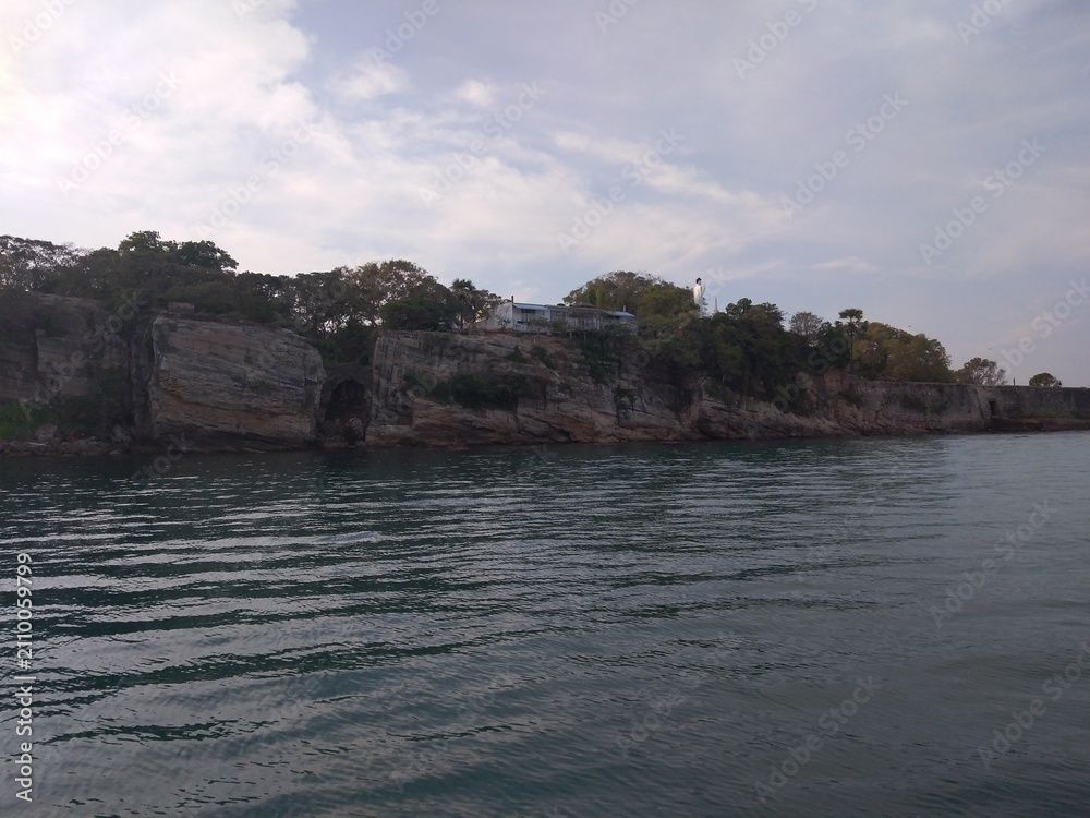 Fototapeta premium Calm sea against rocky coastline with trees under cloudy sky