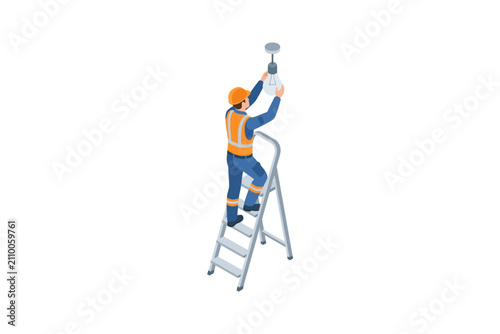 Electrician on ladder changing light bulb isometric illustration