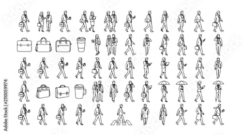 Photos Minimalist business people line icons set, walking professional characters vecto