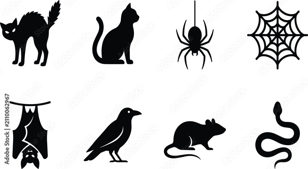 Obraz premium Halloween Animal Icon Set with Black Cat, Spider, Bat, Raven, Rat, and Snake Silhouettes