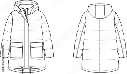 Photos Technical fashion of a hooded puffer jacket with pockets and drawstring hemline