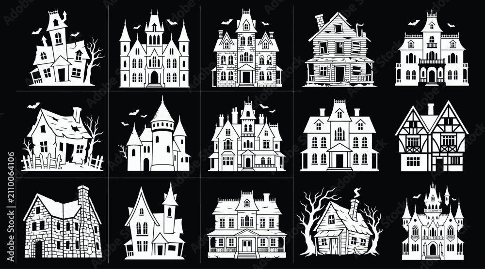 Obraz premium A comprehensive halloween vector bundle featuring a collection of spooky haunted house silhouettes perfect for festive holiday graphic design project needs