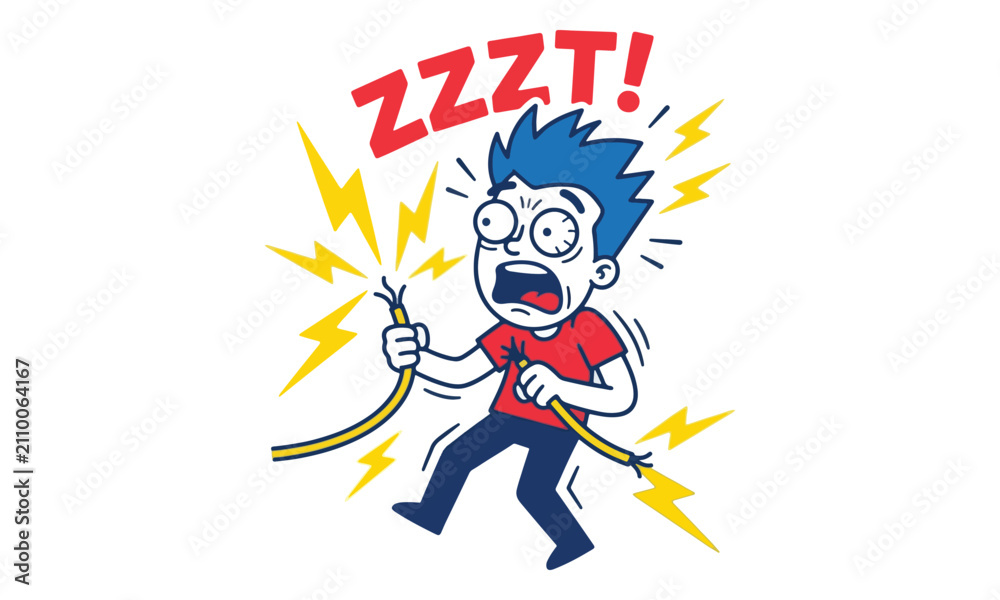 Fototapeta premium Man Getting Electric Shock from Frayed Cable Cartoon