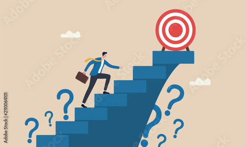 red big bullseye target lines and minimal shading for career or adversity concept, businessman trying hard with full effort to climb up big ladder or stairway
