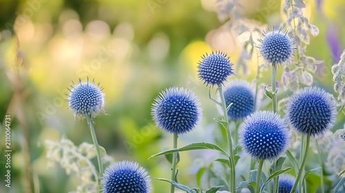 Close up of Echinops sphaerocephalus plants in a natural sunny garden