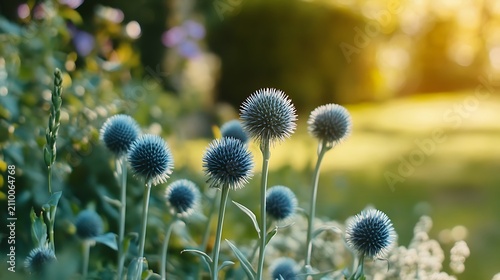 Close up of Echinops sphaerocephalus plants in a natural sunny garden