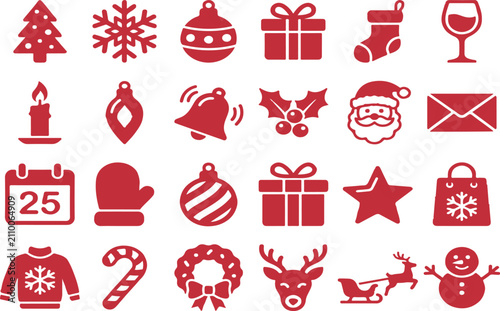 Christmas icon set vector bundle. Flat holiday symbols featuring christmas tree, snowflake, baubles, gift box, stocking, candle, bell, holly, Santa Claus, mitten, star, sweater, candy cane, reinde
