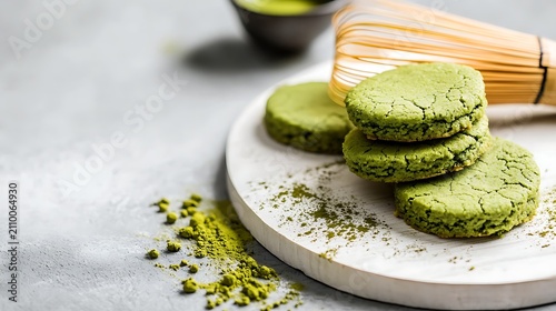 Close up of freshly baked matcha cookies with chasen a bamboo whisk on a white wooden base