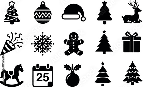 Black Christmas silhouette icon set vector bundle. Minimalist holiday assets featuring decorated pine trees, xmas bauble, Santa hat, resting reindeer, party popper, snowflake, gingerbread man, gift 