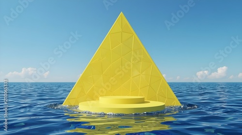 Abstract yellow pyramid geometric structure floating above blue ocean surface with three dimensional geometric floating structure abstract minimalist platform presentation sculpture showcase