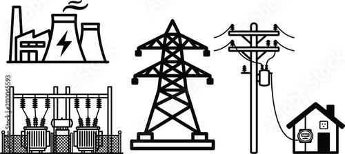 Obraz na płótnie Electrical power generation and distribution including factory and power lines e