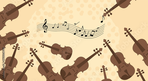 Billede på lærred Musical background pattern displays scattered brown violins and melodic notes on a soft textured cream colored backdrop