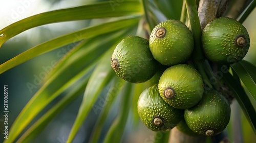 Close up of green betel nuts on a palm tree