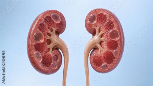 Renal cysts in both kidneys shown in premium clinical CGI. Thin walled fluid filled cysts create clear benign kidney cyst concept on clean medical background.
