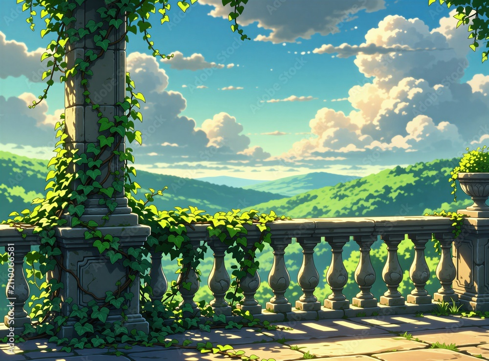 Obraz premium Old stone balcony with green ivy vines overlooks scenic green mountains under blue sky with clouds. Classic terrace architecture features columns, balustrade in sunny garden setting. Beautiful summer