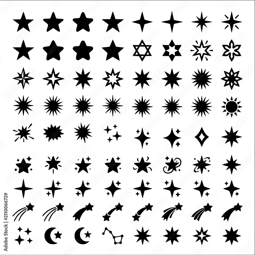 Fototapeta premium Sparkle Star Icon Pack with Black Celestial Twinkle and Decorative Shapes Vector Collection
