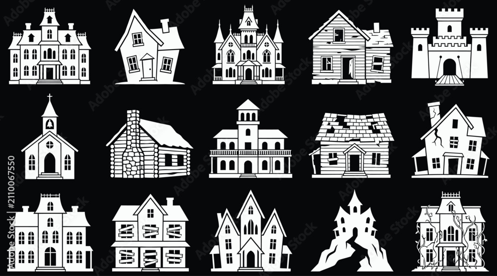 Obraz premium Set of white silhouette icons featuring a halloween vector bundle of spooky haunted houses castles and old mansions on black background